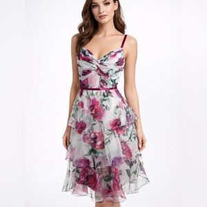 Marchesa Notte Floral Midi Dress Twist Front Tiered Layered Size 10